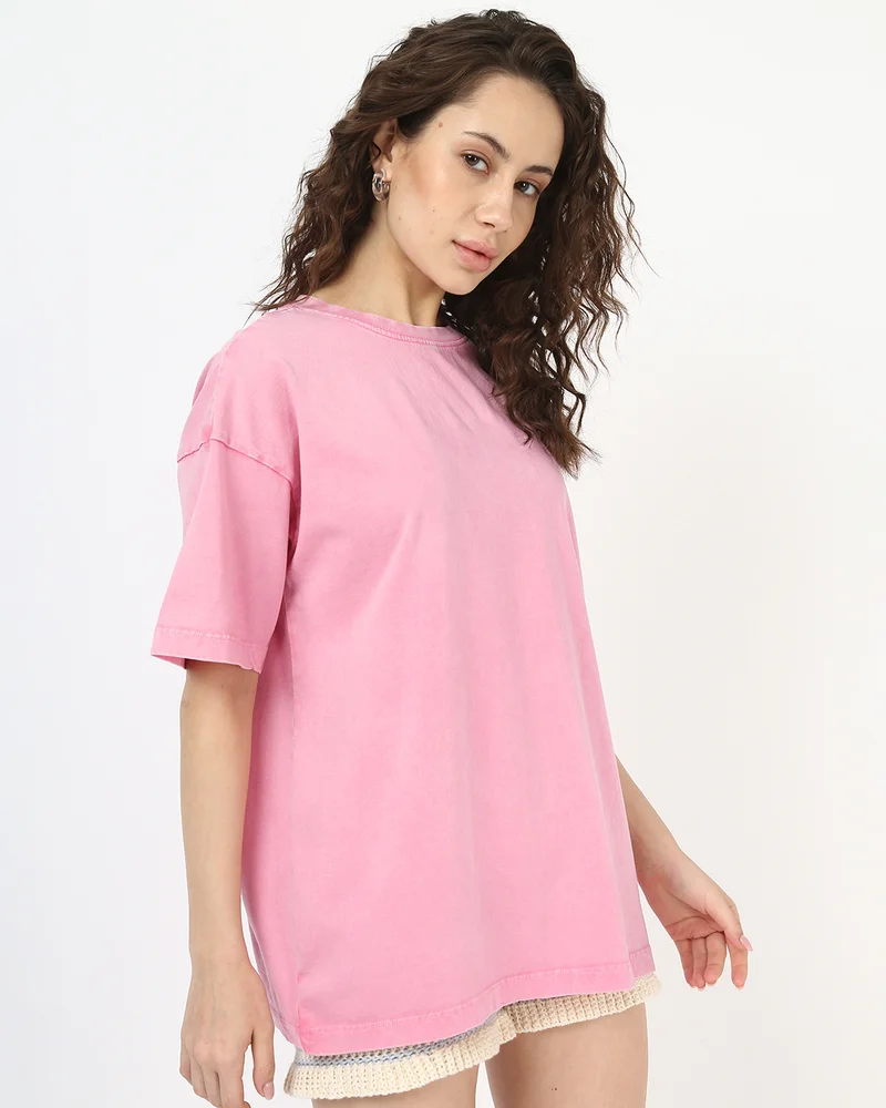 بيواكوف Women's Bubblegum Pink Oversized Acid Wash T-shirt